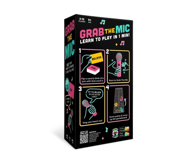 Joc de Societate Grab The Mic, Flippy, Tip Karaoke, 125 de Carti cu Cuvinte, Microfon din Spuma, Tabla de Joc, Jetoane, 11.5 x 22 x 7 cm, Negru/Roz 