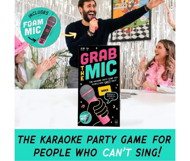 Joc de Societate Grab The Mic, Flippy, Tip Karaoke, 125 de Carti cu Cuvinte, Microfon din Spuma, Tabla de Joc, Jetoane, 11.5 x 22 x 7 cm, Negru/Roz 