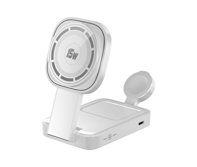 Statie de Incarcare MagSafe 3 in 1, Flippy, Magnetica Wireles Charger, Compatibil cu Apple iPhone, iWatch, AirPods, New Design, Max 23W, 11 x 6.5 x 2.9 cm Alb Ivory