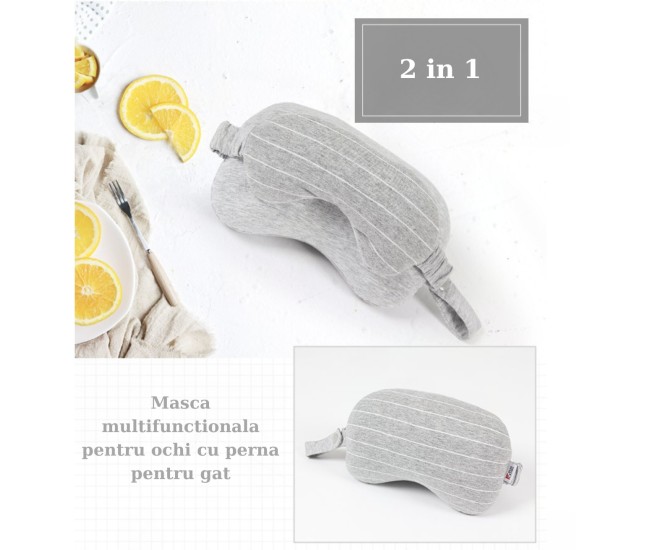 Masca de dormit, Flippy, 2 in 1, cu Tetiera, din Particule de Spuma si Bumbac, Gri Deschis