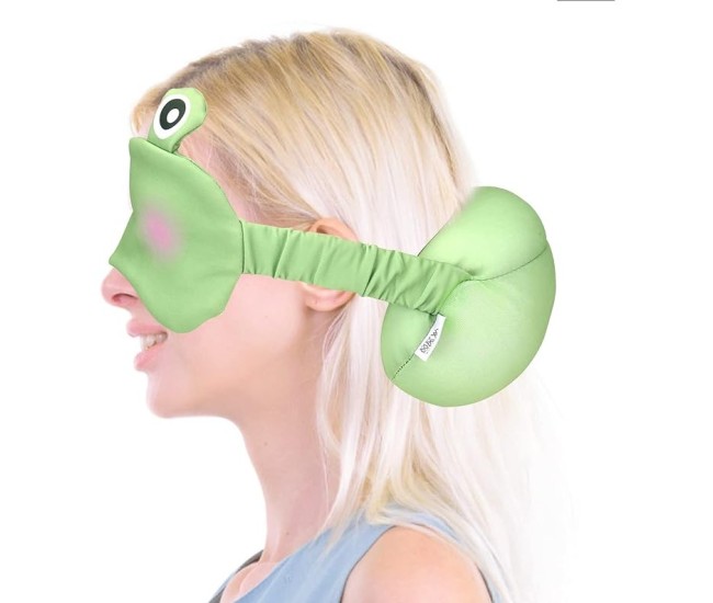 Masca de dormit, Flippy, 2 in 1, cu Tetiera, din Particule de Spuma si Bumbac, Model Broasca ,Verde