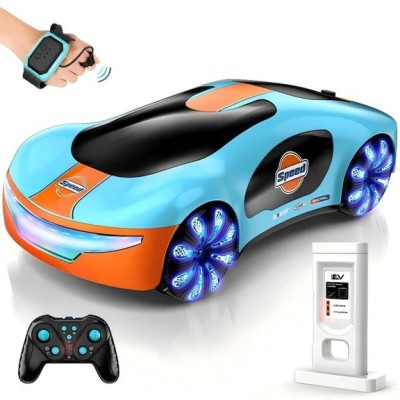 Masinuta Smart, Flippy, cu Telecomanda si Controller prin Gesturi/Wireless, Lumini/Sunet/Abur, Reincarcabila, 24x12,4x7,1 cm, Statie de Incarcare EV, Albastru/Portocaliu