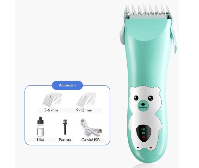 Masina De Tuns Bebelusi si Copii, Flippy, Display Digital, Lame Cermice si Inox, Fara Fir, Functie Anti Taiere, Silentios, 50 W, Rezistent la Apa, 2 Accesorii, Incarcator USB, Model Ursulet, Verde Masina De Tuns Bebelusi si Copii, Flippy, Display Digital, Lame Cermice si Inox, Fara Fir, Functie Anti Taiere, Silentios, 50 W, Rezistent la Apa, 2 Accesorii, Incarcator USB, Model Ursulet, Verde