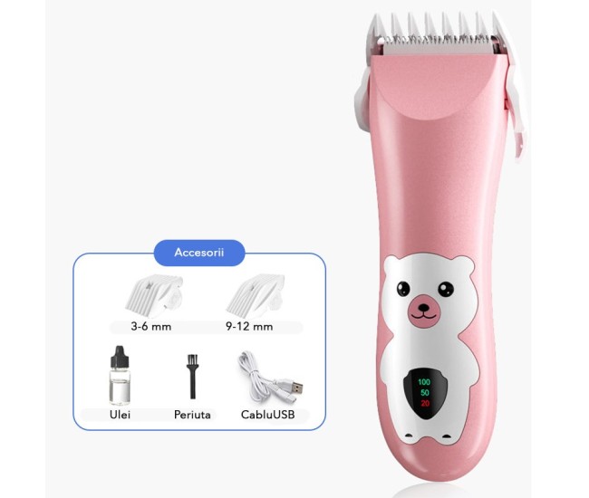 Masina De Tuns Bebelusi si Copii, Flippy, Display Digital, Lame Cermice si Inox, Fara Fir, Functie Anti Taiere, Silentios, 50 W, Rezistent la Apa, 2 Accesorii, Incarcator USB, Model Ursulet, Roz Masina De Tuns Bebelusi si Copii, Flippy, Display Digital, Lame Cermice si Inox, Fara Fir, Functie Anti Taiere, Silentios, 50 W, Rezistent la Apa, 2 Accesorii, Incarcator USB, Model Ursulet, Roz