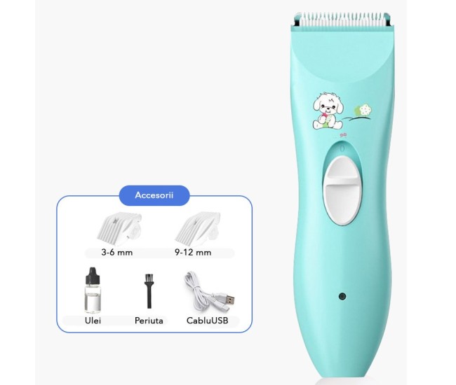 Masina De Tuns Bebelusi si Copii, Flippy, Lame Cermice si Inox, Fara Fir, Functie Anti Taiere, Silentios, 50 W, Rezistent la Apa, 2 Accesorii, Incarcator USB, Model Ursulet, Albastru deschis