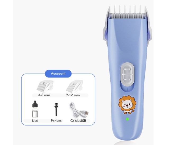 Masina De Tuns Bebelusi si Copii, Flippy, Lame Cermice si Inox, Fara Fir, Functie Anti Taiere, Silentios, 50 W, Rezistent la Apa, 2 Accesorii, Incarcator USB, Model Leu, Albastru