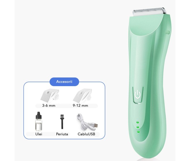 Masina De Tuns Bebelusi si Copii, Flippy, Lame Cermice si Inox, Fara Fir, Functie Anti Taiere, Silentios, 50 W, Rezistent la Apa, 2 Accesorii, Incarcator USB, Verde deschis
