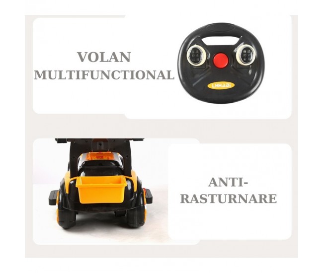Masinuta Electrica Flippy, Tip Excavator, Brat Electric cu Maneta de Control, Spatar si Bare Laterale, Sistem Muzica si Lumini, 2-7 Ani, 72 x 34 x 45 cm, Portocaliu