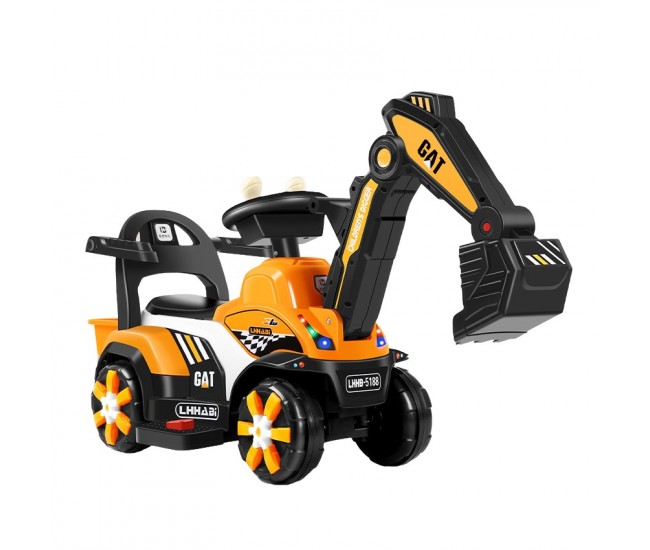 Masinuta Electrica Flippy, Tip Excavator, Brat Electric cu Maneta de Control, Spatar si Bare Laterale, Sistem Muzica si Lumini, 2-7 Ani, 72 x 34 x 45 cm, Portocaliu