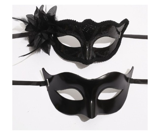 Set 2 Masti de Cuplu, Flippy, pentru Carnaval, Bal Mascat, Marime Universala, Model Floare Laterala si Margele, Model Clasic Fluture, Negru