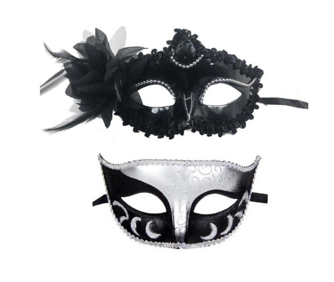 Set 2 Masti de Cuplu, Flippy, pentru Carnaval, Bal Mascat, Marime Universala, Model Floare Laterala si Margele, Model Clasic Fluture, Negru Argintiu