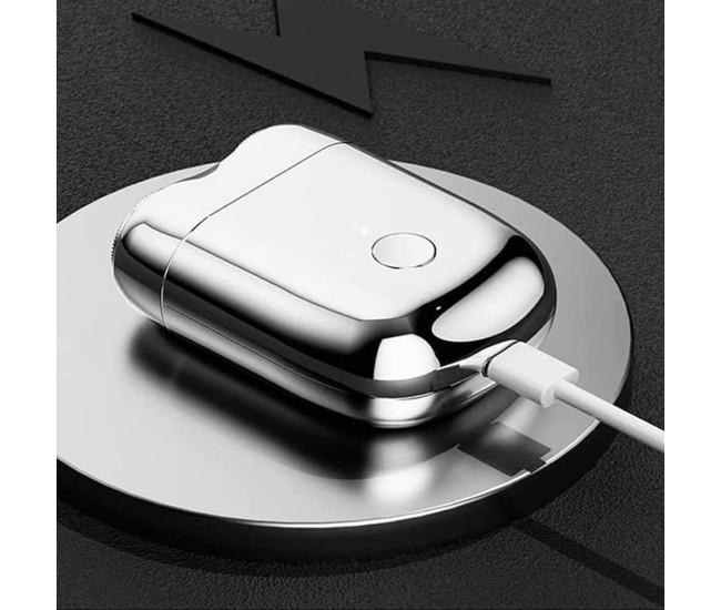 Mini Aparat de Ras Electric, Flippy, din ABS cu Fibra de Carbon, Portabil, Cap Rotativ Detasabil cu 2 Lame de Otel, Rezistent la Apa, Incarcare Type-C, Autonomie 45 min, Argintiu