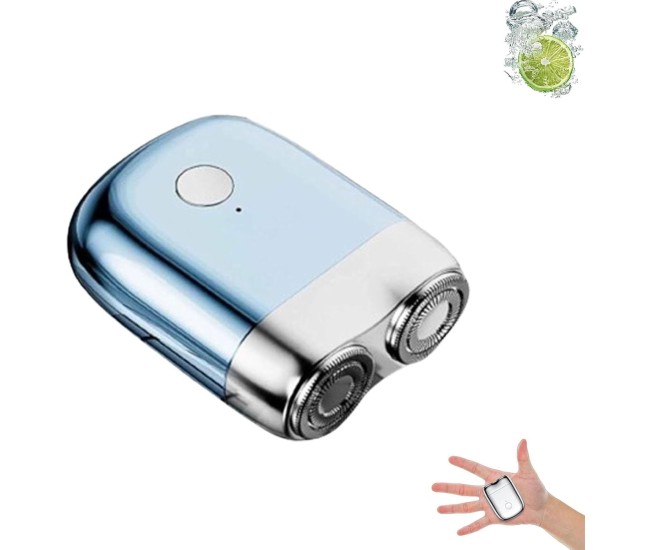 Mini Aparat de Ras Electric, Flippy, din ABS cu Fibra de Carbon, Portabil, Cap Rotativ Detasabil cu 2 Lame de Otel, Rezistent la Apa, Incarcare Type-C, Autonomie 45 min, Albastru