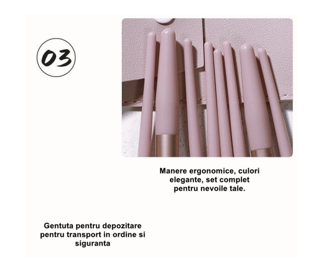 Mini Set Portabil 8 Pensule pentru Machiaj Flippy, Super Soft, Makeup Profesional/Incepatori, Maner Ergonomic, Gentuta Depozitare Inclusa, Maro