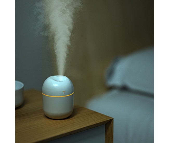 Mini Umidificator Portabil, Flippy, 2 Moduri, Aromaterapie, Silentios, Lumina Ambientala, Incarcare USB, 220 ml, 8 x 8 x 10.3 cm, Alb