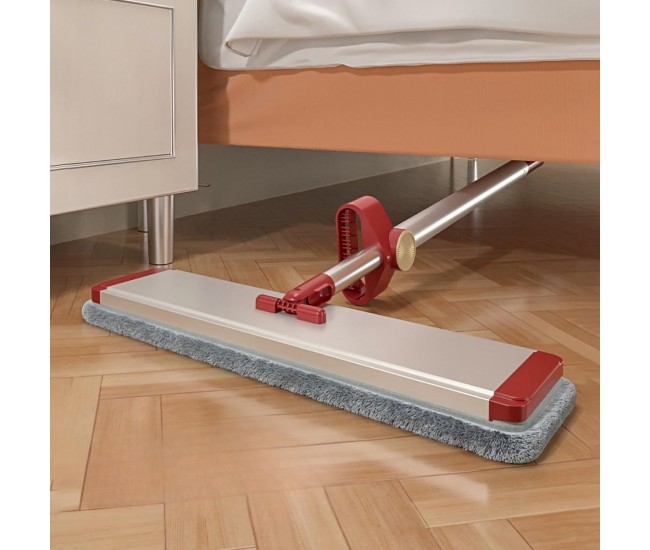 Mop Plat cu Laveta din Microfibra, Flippy, Pentru Uz Casnic, cu 2 Lavete Incluse, Sistem de Stoarcere, Tija Telescopica 130 cm, Rotire 360°, 42 x 130 cm, Rosu