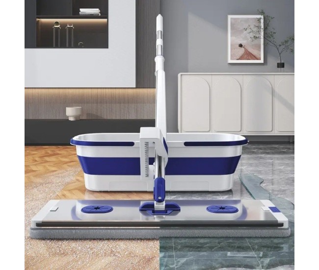 Mop Plat, Flippy, cu Galeata Pliabila, 2 Rezerve din Microfibra, 127 cm Tija Telescopica, Utilizare Umeda/Uscata, Recipient Lichid, Albastru