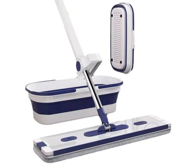 Mop Plat, Flippy, cu Galeata Pliabila, 2 Rezerve din Microfibra, 127 cm Tija Telescopica, Utilizare Umeda/Uscata, Recipient Lichid, Albastru