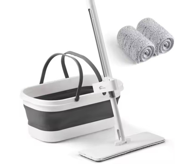Mop Plat, Flippy, cu Galeata Pliabila, 2 Rezerve din Microfibra, 127 cm Tija Telescopica, Utilizare Umeda/Uscata, Recipient Lichid, Gri