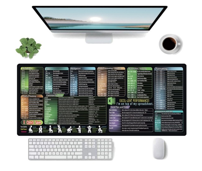 Mousepad cu Suport Tastatura, Flippy, Covoras pentru Masa de Birou cu Formule si Scurtaturi pentru Excel, Rezistent la Zgirieturi si Antiderapant 90 x 40 cm, Model 1 Negru