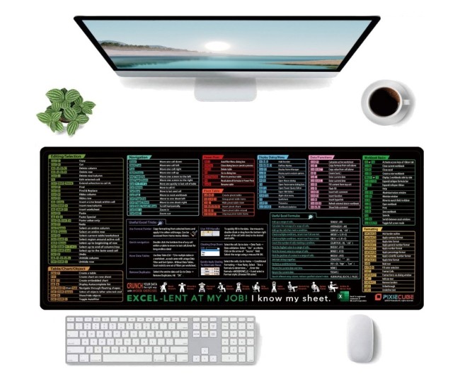 Mousepad cu Suport Tastatura, Flippy, Covoras pentru Masa de Birou cu Formule si Scurtaturi pentru Excel, Rezistent la Zgirieturi si Antiderapant 90 x 40 cm, Model 2, Negru