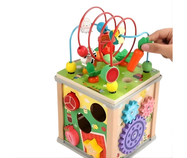 Cub Educativ Montessori din Lemn, Flippy, Multifunctional, Sortare Forme si Culori, Activitati Educative, Multicolor, Jucarie Interactiva