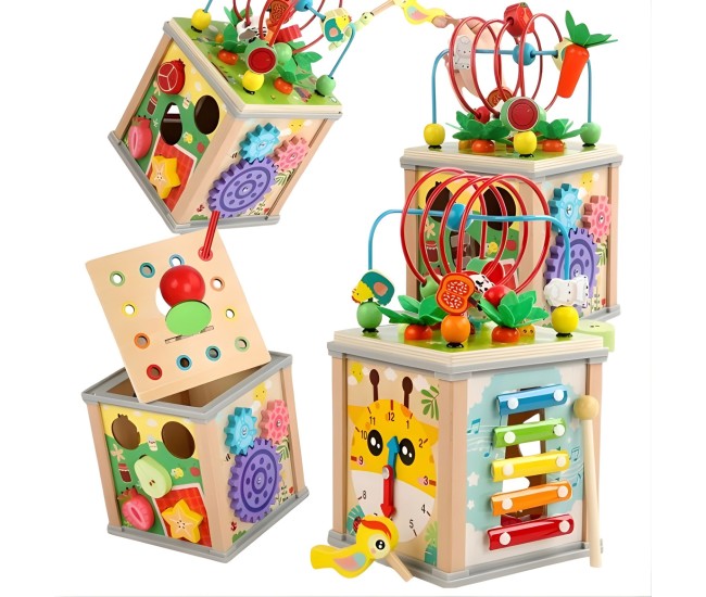 Cub Educativ Montessori din Lemn, Flippy, Multifunctional, Sortare Forme si Culori, Activitati Educative, Multicolor, Jucarie Interactiva