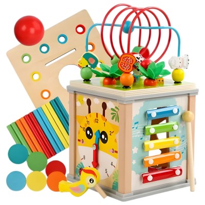 Cub Educativ Montessori din Lemn, Flippy, Multifunctional, Sortare Forme si Culori, Activitati Educative, Multicolor, Jucarie Interactiva