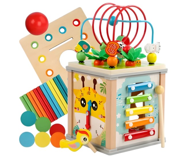 Cub Educativ Montessori din Lemn, Flippy, Multifunctional, Sortare Forme si Culori, Activitati Educative, Multicolor, Jucarie Interactiva