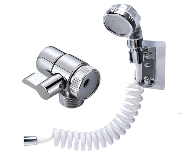 Set Extensie de Dus, Flippy, pentru Baterie Baie sau Bucatarie, 4 Piese, Filtru de Ioni Negativi, Furtun Flexibil de 1.5 Metri, Argintiu
