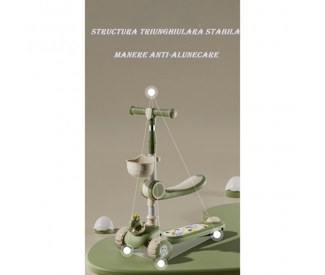 Trotineta Multifunctionala 3 in 1, Flippy, pentru Copii, 1-7 Ani, cu Lumini si Muzica, Reglabil 360, Pliere Usoara, Reglarea Inaltimii, Model Dinozaur, Bej/Verde Trotineta Multifunctionala 3 in 1, Flippy, pentru Copii, 1-7 Ani, cu Lumini si Muzica, Reglabil 360, Pliere Usoara, Reglarea Inaltimii, Model Dinozaur, Bej/Verde