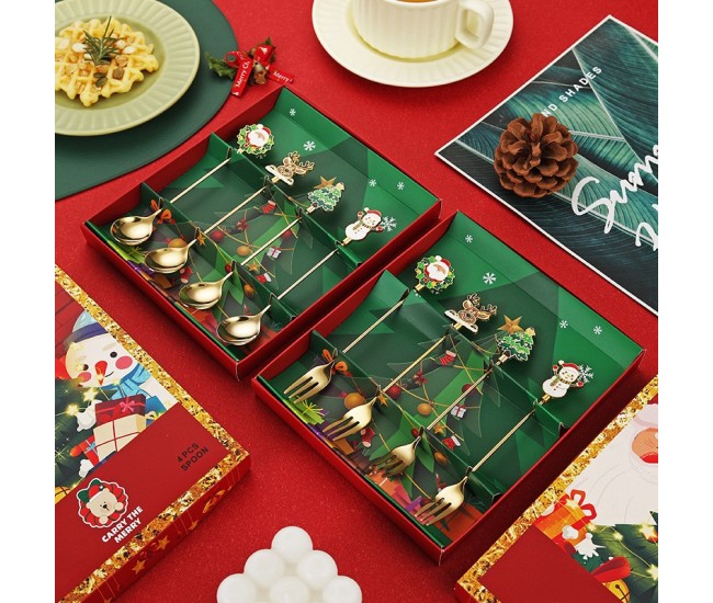 Set 4 Furculite, Flippy, Tema Craciun, Model Carry The Merry, 4 Modele, din Otel Inoxidabil, 19.5 x 16 x 2 cm, Multicolor