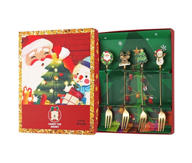 Set 4 Furculite, Flippy, Tema Craciun, Model Carry The Merry, 4 Modele, din Otel Inoxidabil, 19.5 x 16 x 2 cm, Multicolor