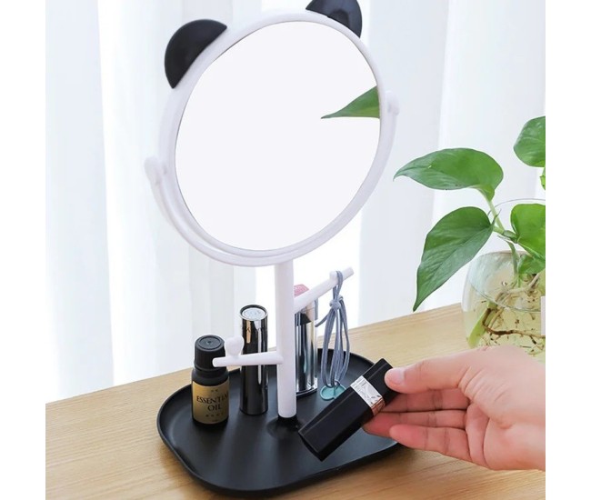 Oglina Cosmetica cu Picior, Flippy, HD, Rotire 360 Grade, 15 cm Diametru, Suport Bijuterii Baza + Brate, Model cu Urechi, 30 x 16.5 x 15 cm, Alb/Negru