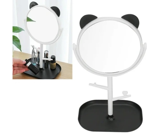 Oglina Cosmetica cu Picior, Flippy, HD, Rotire 360 Grade, 15 cm Diametru, Suport Bijuterii Baza + Brate, Model cu Urechi, 30 x 16.5 x 15 cm, Alb/Negru
