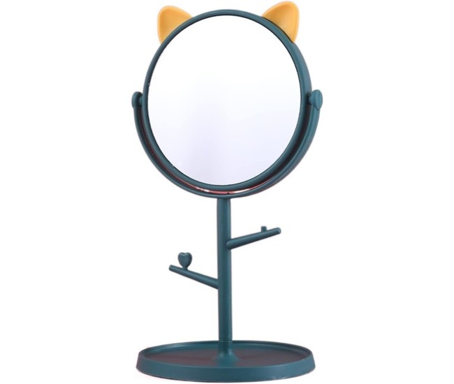 Oglina Cosmetica cu Picior, Flippy, HD, Rotire 360 Grade, 15 cm Diametru, Suport Bijuterii Baza Rotunda + 2 Brate, Model cu Urechi, 31 x 14.5 x 15 cm, din Plastic, Albastru/Galben Oglina Cosmetica cu Picior, Flippy, HD, Rotire 360 Grade, 15 cm Diametru, Suport Bijuterii Baza Rotunda + 2 Brate, Model cu Urechi, 31 x 14.5 x 15 cm, din Plastic, Albastru/Galben