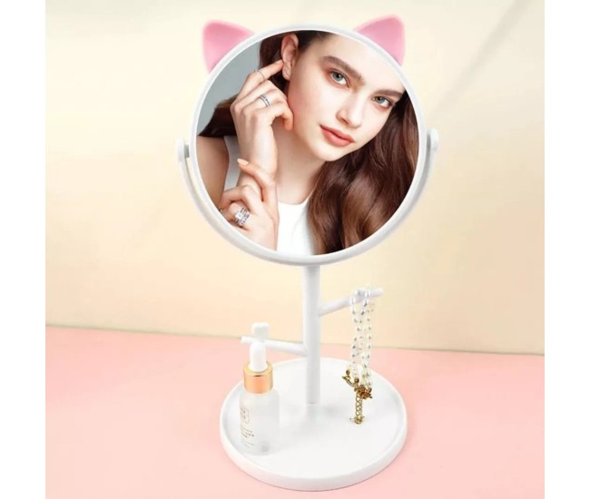 Oglina Cosmetica cu Picior, Flippy, HD, Rotire 360 Grade, 15 cm Diametru, Suport Bijuterii Baza Rotunda + 2 Brate, Model cu Urechi, 31 x 14.5 x 15 cm, din Plastic, Alb