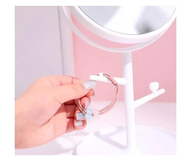 Oglina Cosmetica cu Picior, Flippy, HD, Rotire 360 Grade, 15 cm Diametru, Suport Bijuterii Baza Rotunda + 2 Brate, Model cu Urechi, 31 x 14.5 x 15 cm, din Plastic, Alb