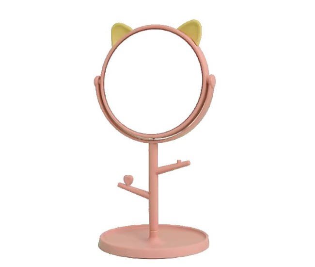 Oglina Cosmetica cu Picior, Flippy, HD, Rotire 360 Grade, 15 cm Diametru, Suport Bijuterii Baza Rotunda + 2 Brate, Model cu Urechi, 31 x 14.5 x 15 cm, din Plastic, Roz/Galben