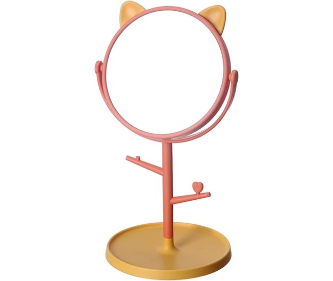 Oglina Cosmetica cu Picior, Flippy, HD, Rotire 360 Grade, 15 cm Diametru, Suport Bijuterii Baza Rotunda + 2 Brate, Model cu Urechi, 31 x 14.5 x 15 cm, din Plastic, Portocaliu/Galben