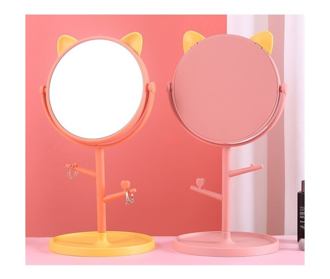 Oglina Cosmetica cu Picior, Flippy, HD, Rotire 360 Grade, 15 cm Diametru, Suport Bijuterii Baza Rotunda + 2 Brate, Model cu Urechi, 31 x 14.5 x 15 cm, din Plastic, Portocaliu/Galben