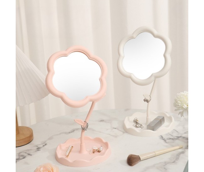 Oglindă de Machiaj pentru Birou, Flippy, Rotativă, Detasabilă, Model de Floarea Soarelui, Suport pentru Inele, cu Depozitare, Alba