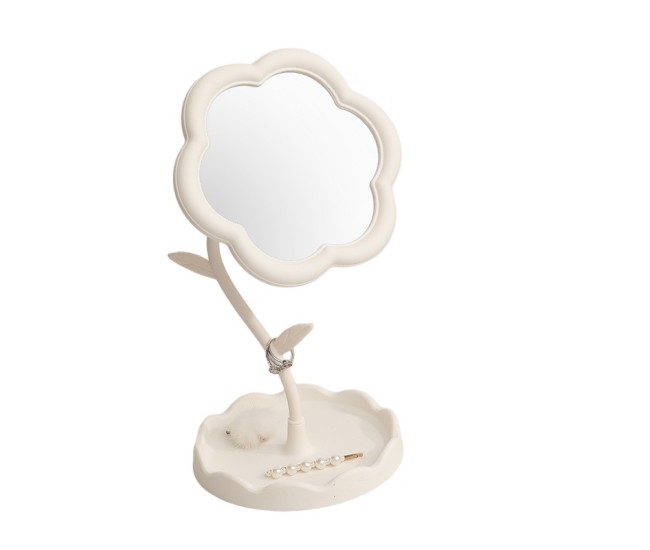 Oglindă de Machiaj pentru Birou, Flippy, Rotativă, Detasabilă, Model de Floarea Soarelui, Suport pentru Inele, cu Depozitare, Alba