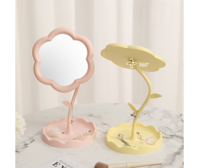 Oglindă de Machiaj pentru Birou, Flippy, Rotativă, Detasabilă, Model de Floarea Soarelui, Suport pentru Inele, cu Depozitare, Galbena