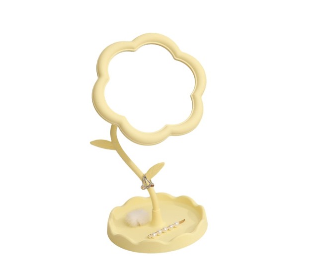 Oglindă de Machiaj pentru Birou, Flippy, Rotativă, Detasabilă, Model de Floarea Soarelui, Suport pentru Inele, cu Depozitare, Galbena