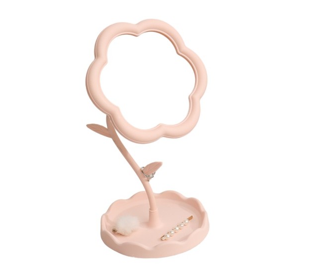 Oglindă de Machiaj pentru Birou, Flippy, Rotativă, Detasabilă, Model de Floarea Soarelui, Suport pentru Inele, cu Depozitare, Roz