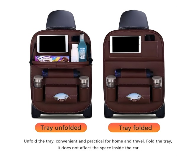 Organizator Spate Scaun Auto, Flippy, Masa Pliabila, Piele Ecologica, Impermeabil, Suport pentru Tableta, Sortare Lucruri si Protejare Tapiterie, 40 x 63cm, Orange