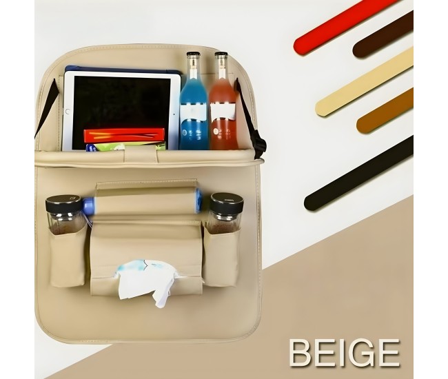 Organizator Spate Scaun Auto, Flippy, Masa Pliabila, Piele Ecologica, Impermeabil, Suport pentru Tableta, Sortare Lucruri si Protejare Tapiterie, 40 x 63cm, Bej