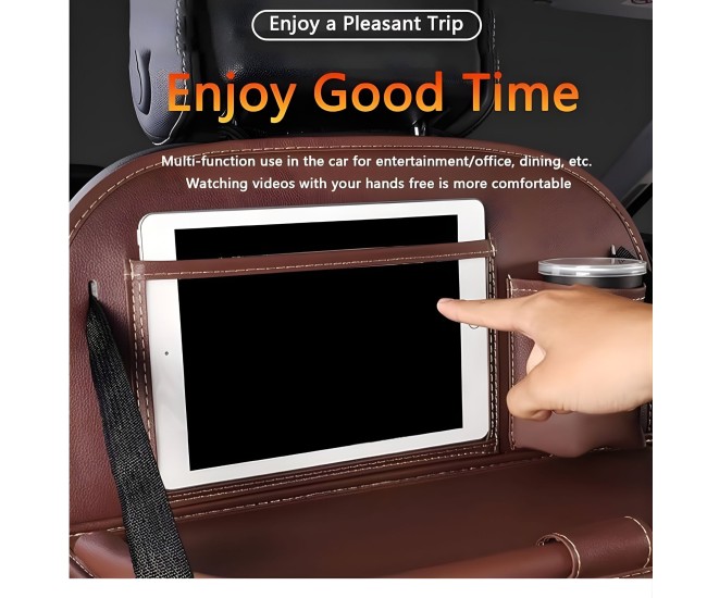 Organizator Spate Scaun Auto, Flippy, Masa Pliabila, Piele Ecologica, Impermeabil, Suport pentru Tableta, Sortare Lucruri si Protejare Tapiterie, 40 x 63cm, Bej