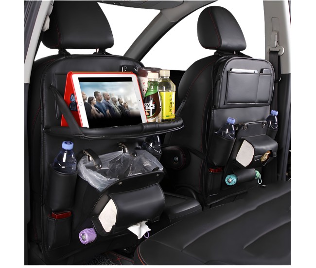 Organizator Spate Scaun Auto, Flippy, Masa Pliabila, Piele Ecologica, Impermeabil, Suport pentru Tableta, Sortare Lucruri si Protejare Tapiterie, 40 x 63cm, Negru